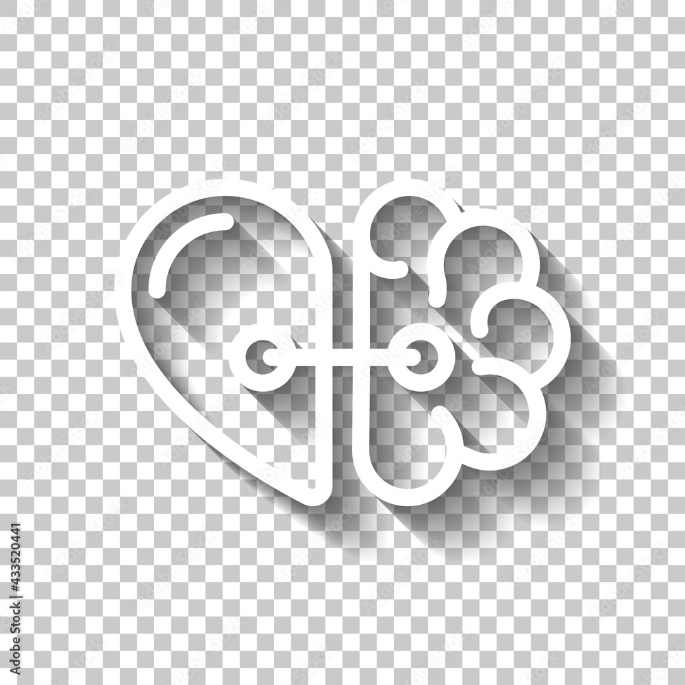 Poster heart and brain, balance between emotion and logic. white linear icon with editable stroke and shado