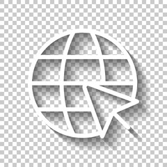 Website in internet, globe with arrow, online world, web icon. White linear icon with editable stroke and shadow on transparent background