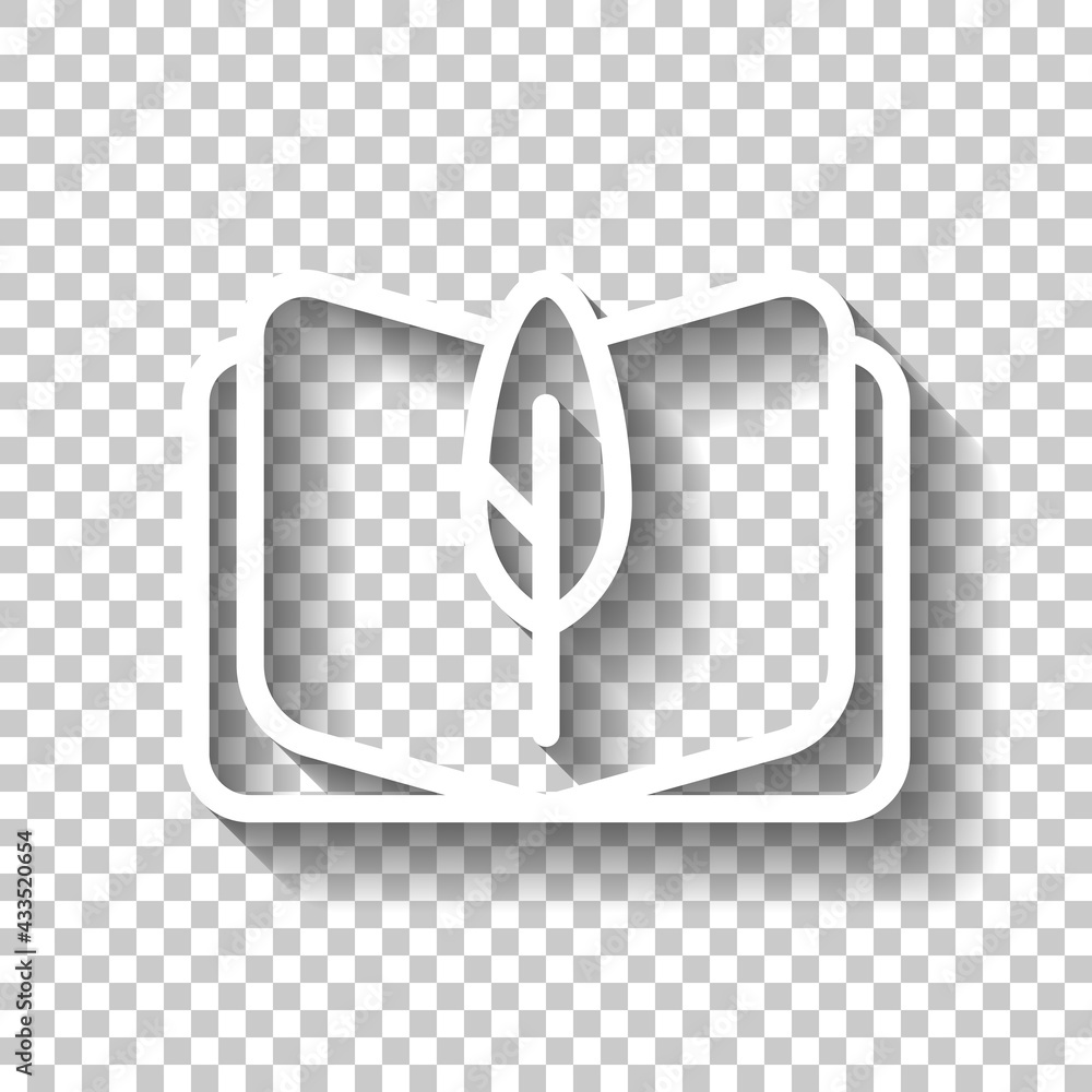 Poster feather and paper, literature book, published story. white linear icon with editable stroke and shad