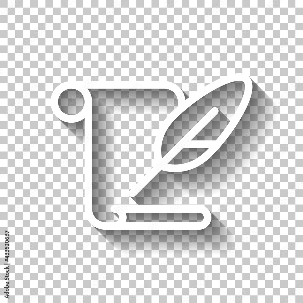 Poster feather and paper, literature book, published story. white linear icon with editable stroke and shad