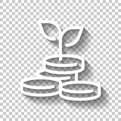 Financial growth, growing money tree, increase income. White linear icon with editable stroke and shadow on transparent background