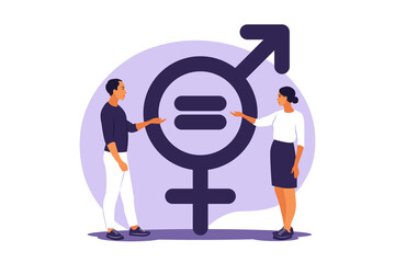 Gender equality concept. Men and women character on the scales for gender equality. Vector illustration. Flat. - obrazy, fototapety, plakaty