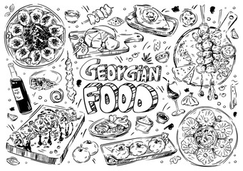 Hand drawn vector illustration. Doodle Georgian food: khachapuri adjaruli, churchkhela, khinkali, mtsvadi, pkhali, saperavi, wine, garnet, walnut paste, sulguni, kubdari