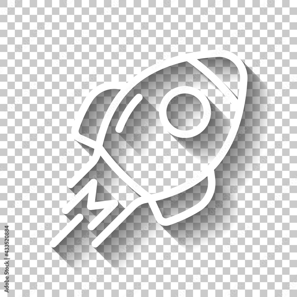 Poster simple rocket icon, space ship. white linear icon with editable stroke and shadow on transparent bac