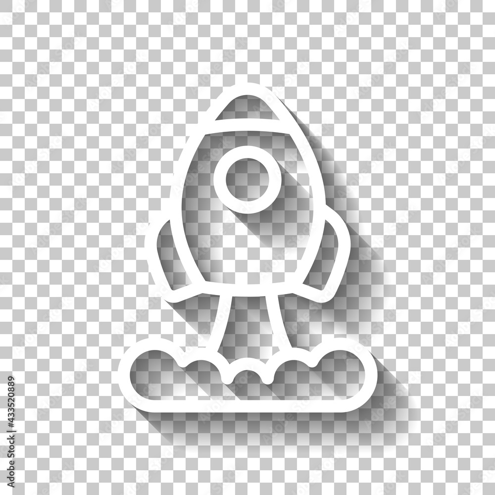 Poster simple rocket icon, space ship. white linear icon with editable stroke and shadow on transparent bac