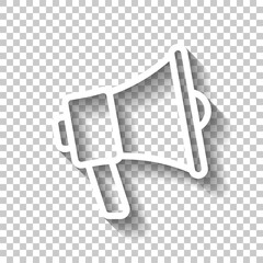Simple megaphone icon, promotion, loud voice. White linear icon with editable stroke and shadow on transparent background