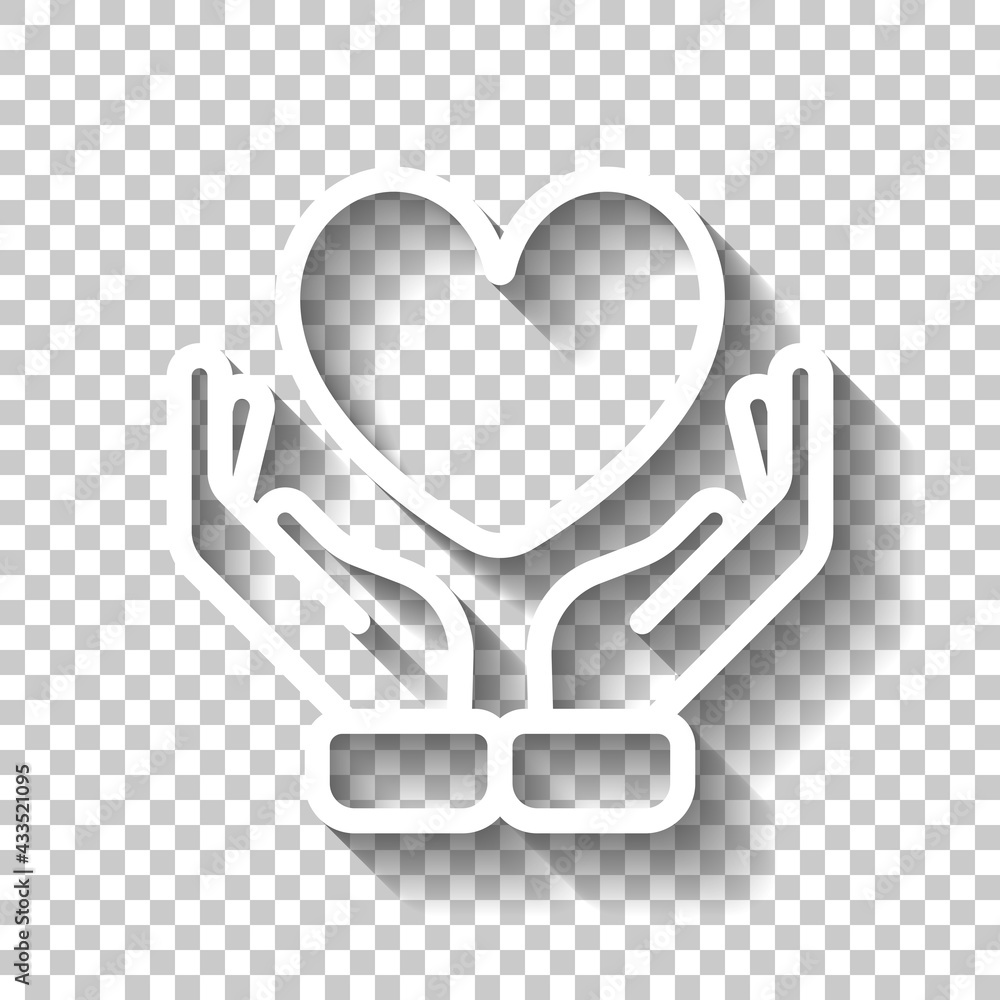 Poster hand and heart, help and care, simple icon. white linear icon with editable stroke and shadow on tra