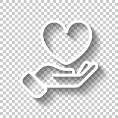 Hand and heart, help and care, simple icon. White linear icon with editable stroke and shadow on transparent background - obrazy, fototapety, plakaty