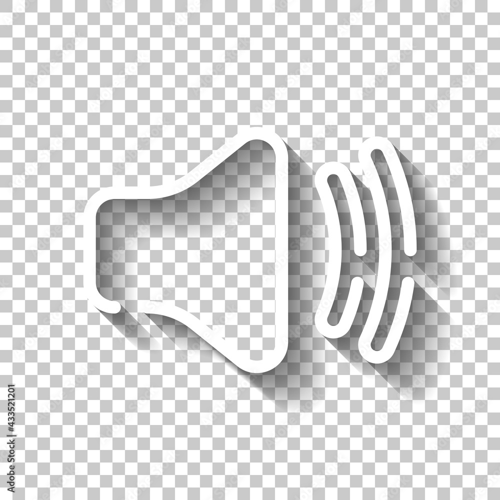 Poster simple volume icon, audio speaker, sound symbol. white linear icon with editable stroke and shadow o