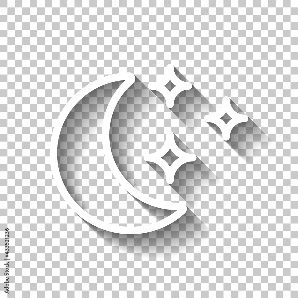 Poster half moon on night sky, simple icon. white linear icon with editable stroke and shadow on transparen