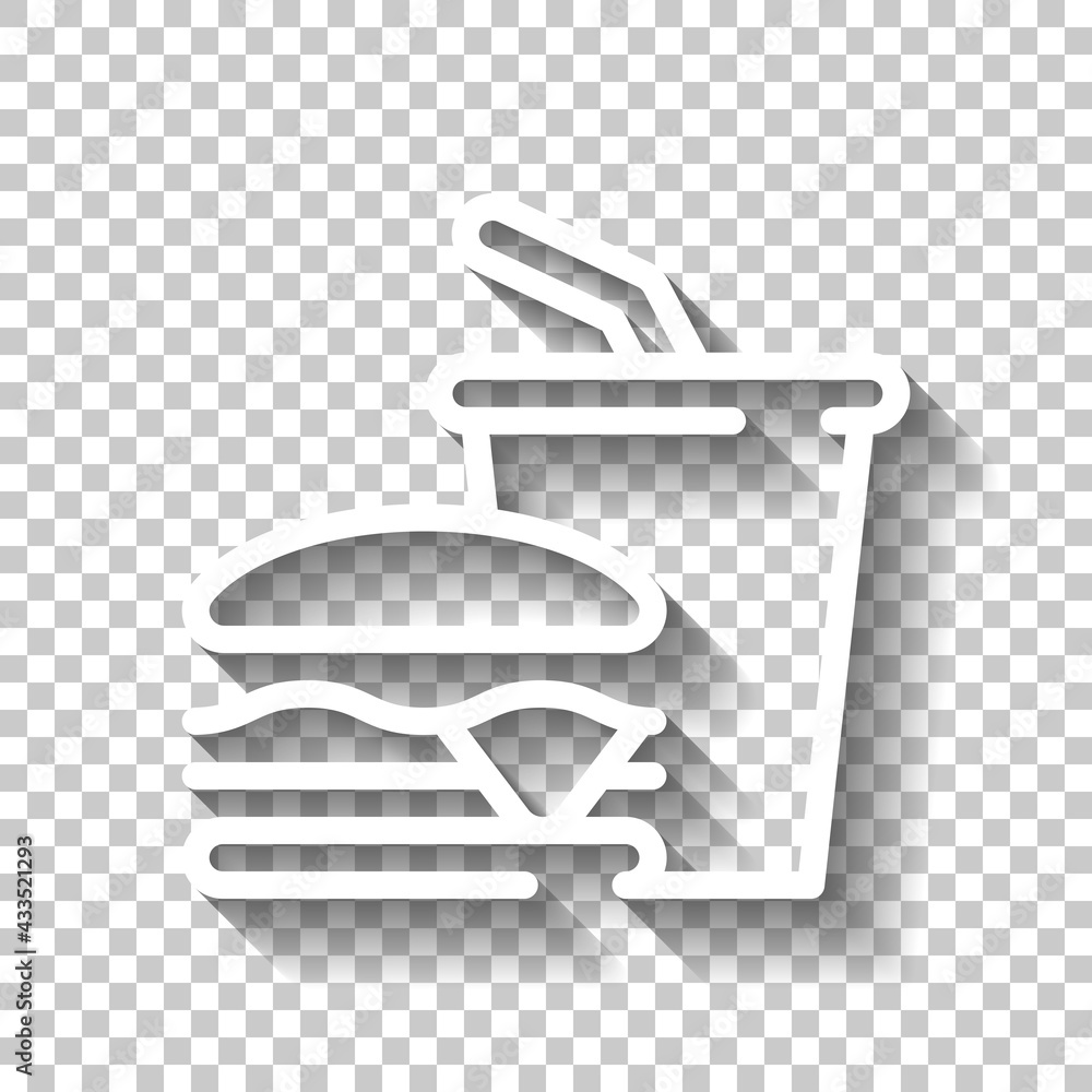 Poster fast food, hamburger menu with drink, simple icon. white linear icon with editable stroke and shadow