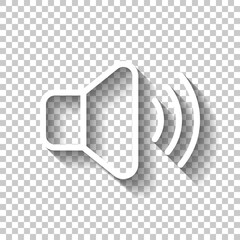 Simple volume icon, audio speaker, sound symbol. White linear icon with editable stroke and shadow on transparent background