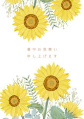 Hand drawn summer bouquet with sunflower, illustration on white background, summer greeting card / "Summer greetings" in Japanese