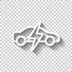Modern electric car, green energy, simple icon. White linear icon with editable stroke and shadow on transparent background