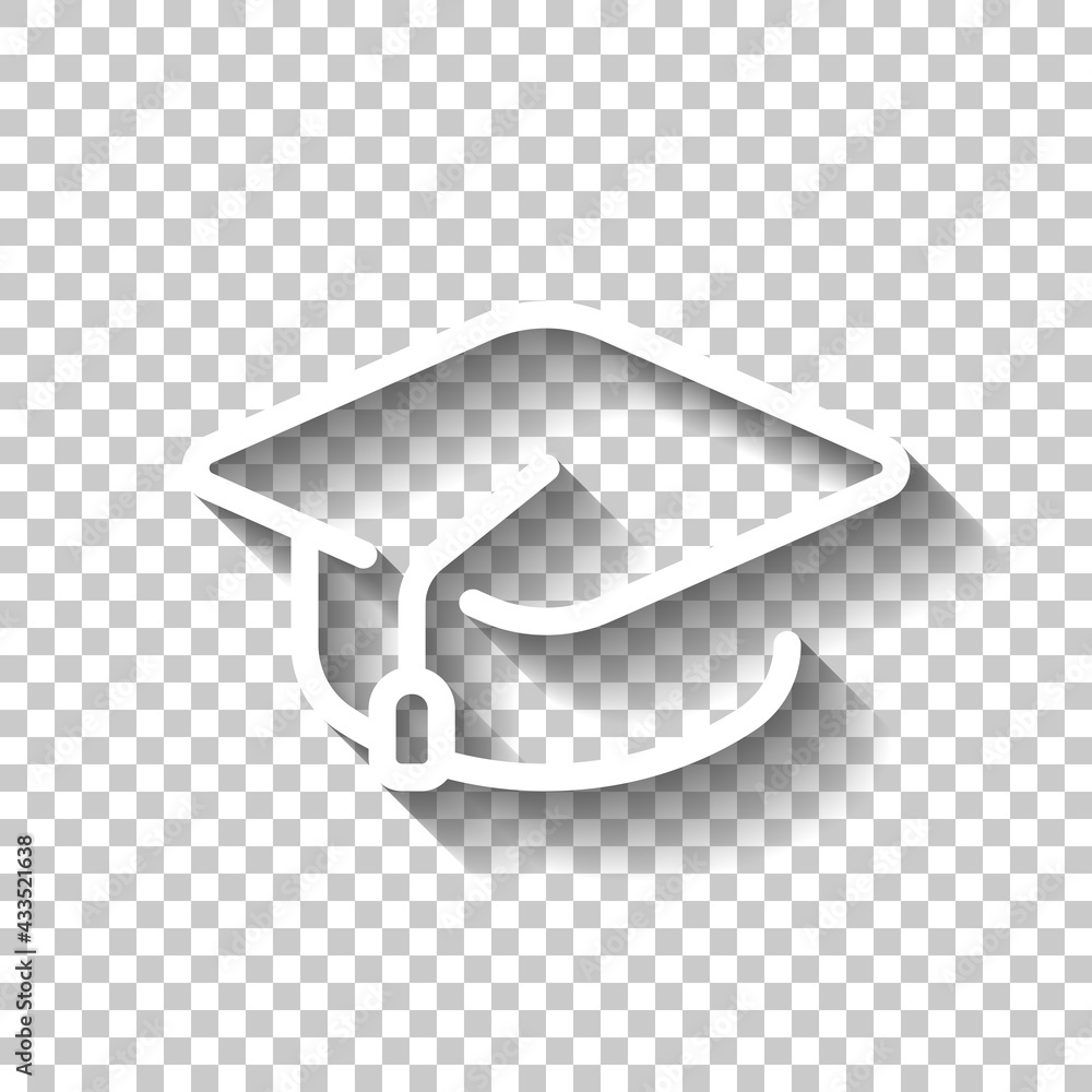 Poster graduation cap, simple icon. white linear icon with editable stroke and shadow on transparent backgr