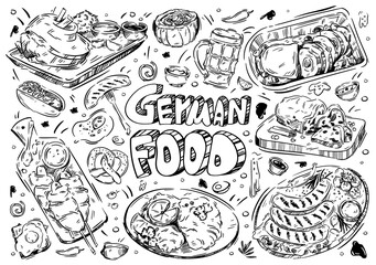 Hand drawn vector illustration. Doodle German food: wurst, kartoffelpuffer, brezel, schnitzel, strudel, beer, hot dog, knuckle, eintopf soup, egg, falscher hase, stollen