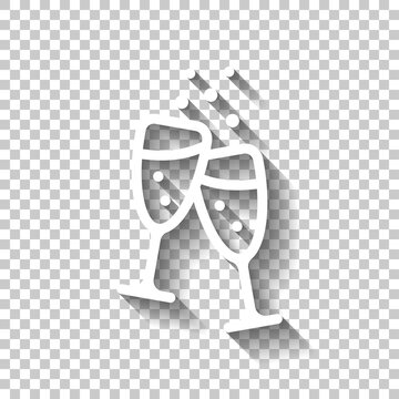 Glasses Of Champagne Or Wine, Simple Icon. White Linear Icon With Editable Stroke And Shadow On Transparent Background