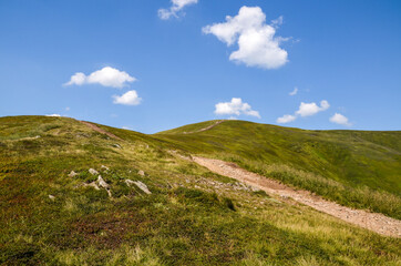 Beautiful summer landscape of Borzhava mountains with green grass on the hillside and blue sky in...