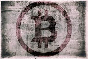 Bitcoin sign poster on old creased crumpled ripped torn paper placard background