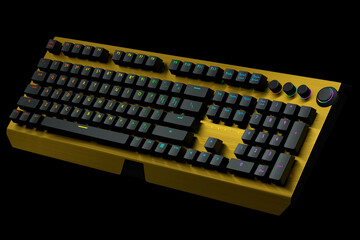 Yellow computer keyboard with rgb colors isolated on black background.