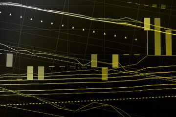 Obraz premium Charts of stock market instruments with various type of indicators and volume analysis for professional technical analysis on the monitor of a computer. Fundamental and technical analysis concept. 