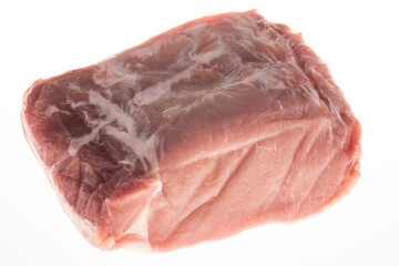 Pork fillet raw meat, close-up, isolated on white background
