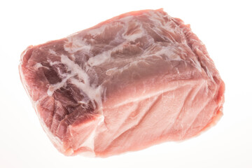 Pork fillet raw meat, close-up, isolated on white background