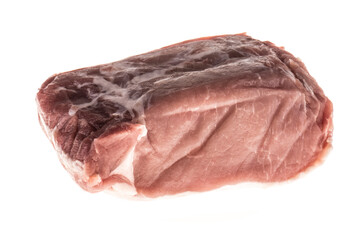 Pork fillet raw meat, close-up, isolated on white background