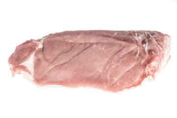 Pork fillet raw meat, close-up, isolated on white background
