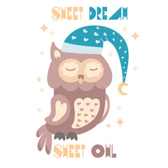 Cute sleeping owl with blue nightcap on white background with stars. Cartoon character for nursery poster, card, wall art. Nursery art.