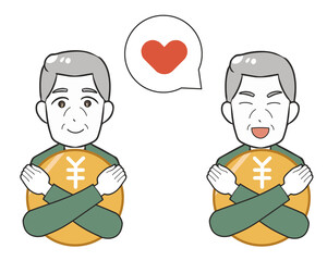 高齢男性　お金を抱きしめる