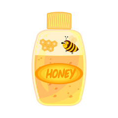 Bottle with honey isolated on white background. Fresh raw organic liquid honey in jar with cap. Cartoon design style. Natural fresh dessert. Organic food. Stock vector illustration