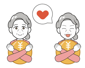 高齢女性　お金を抱きしめる