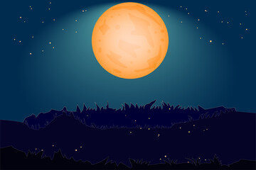 Fototapeta premium Nighttime background with moon, starry sky, hill and grass. Landscape with full moon and grassy hill silhouette. Beautiful nature evening or night empty meadow.Cartoon style design.Vector illustration