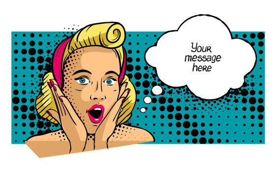 Comic Pin-up Girl message cloud. Pop Art poster speech bubble.