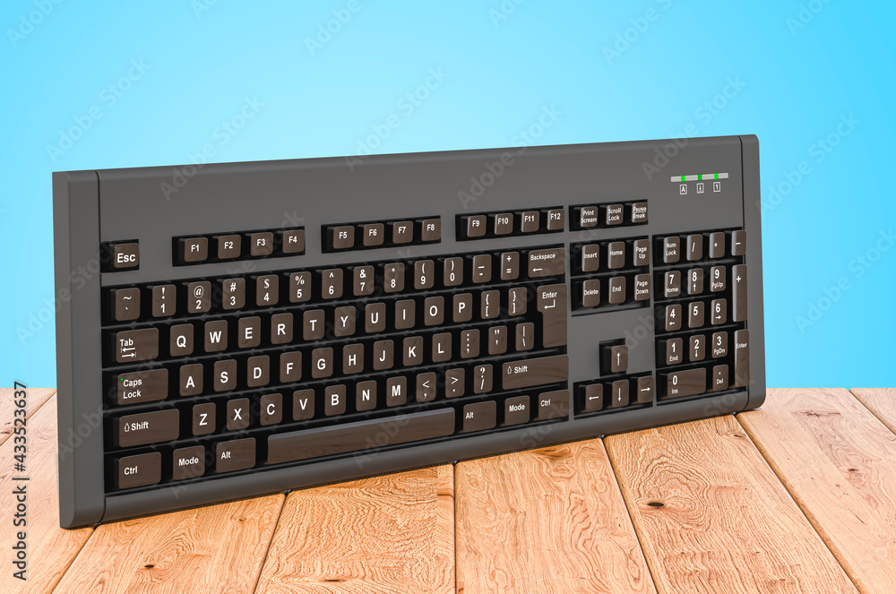 Poster computer keyboard on the wooden planks, 3d rendering