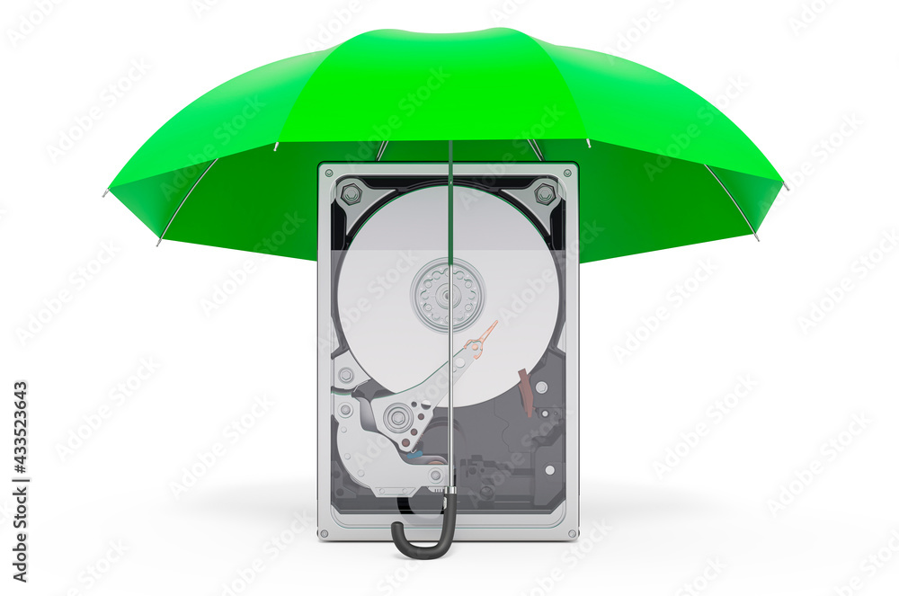 Poster hard disk drive hdd under umbrella. 3d rendering