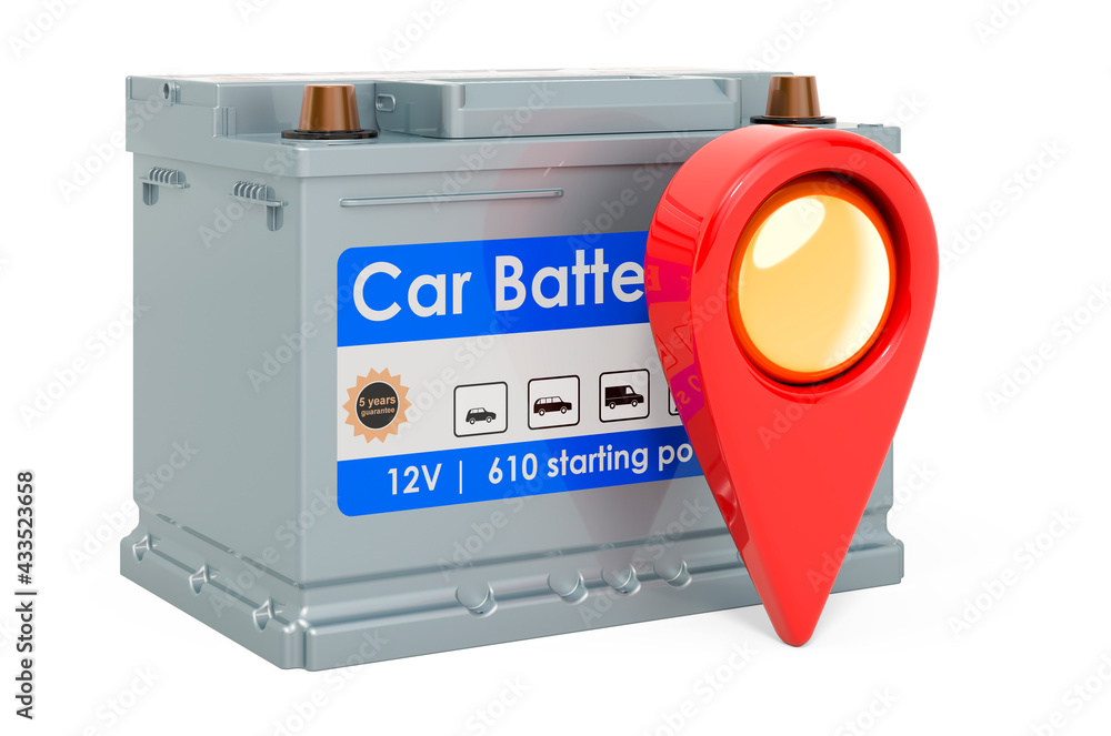 Poster map pointer with car battery, 3d rendering