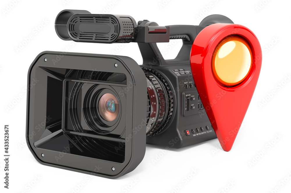 Poster professional video camera with map pointer, 3d rendering