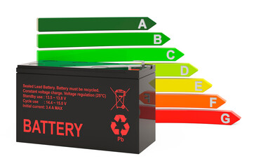 Sealed UPS battery with energy efficiency chart, 3D rendering