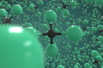 Tetrachloromethane molecule made with balls, conceptual molecular model. Chemical 3d rendering
