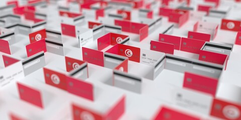 Flag of Tunisia on the mockup credit card maze. Financial problems related 3D rendering