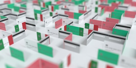 Fictional credit card maze with flag of Italy. Financial difficulties related 3D rendering