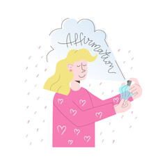 Affirmation looks like perfume covers girl. She is confident and happy. Vector illustration with lettering for card, banner, article