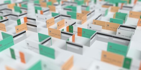Flag of Ireland on the mockup credit card maze. Financial difficulties related 3D rendering