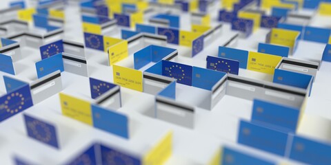 Fictional credit card maze with flag of the European Union. Financial difficulties related 3D rendering