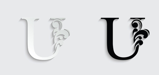 letter U. Vintage black flower ornament initial letters. Alphabet. Logo vector	
