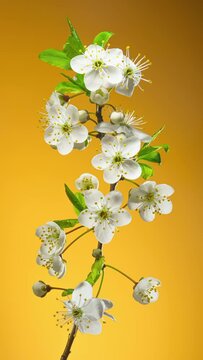 Cherry Branch with Blooming Flowers Buds on a Yellow Background Time Lapse. Blossom Cherry Flowers in Spring. Seasons Change Background. Vertical Video Cropping 9:16 UHD for Smartphone Splash Screen