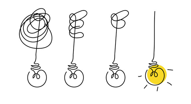 Simplification of complex, clarity or path confusion. vector idea concept with light bulbs doodle illustration, comic brain electric lamp doodle idea. business loading concept. Fun vector light bulb i