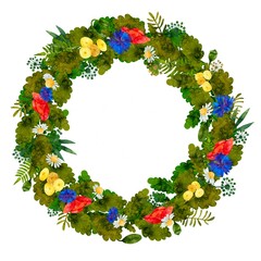 Wreath of wildflowers, oak leaves, ferns